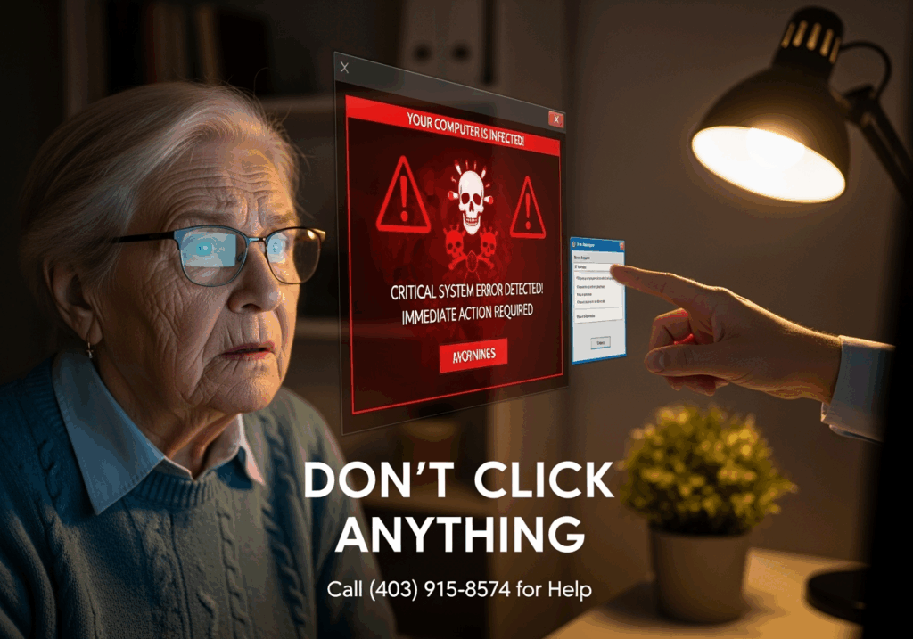 A concerned woman looks at a warning on a screen, while a hacker manipulates it from the other side of the screen.