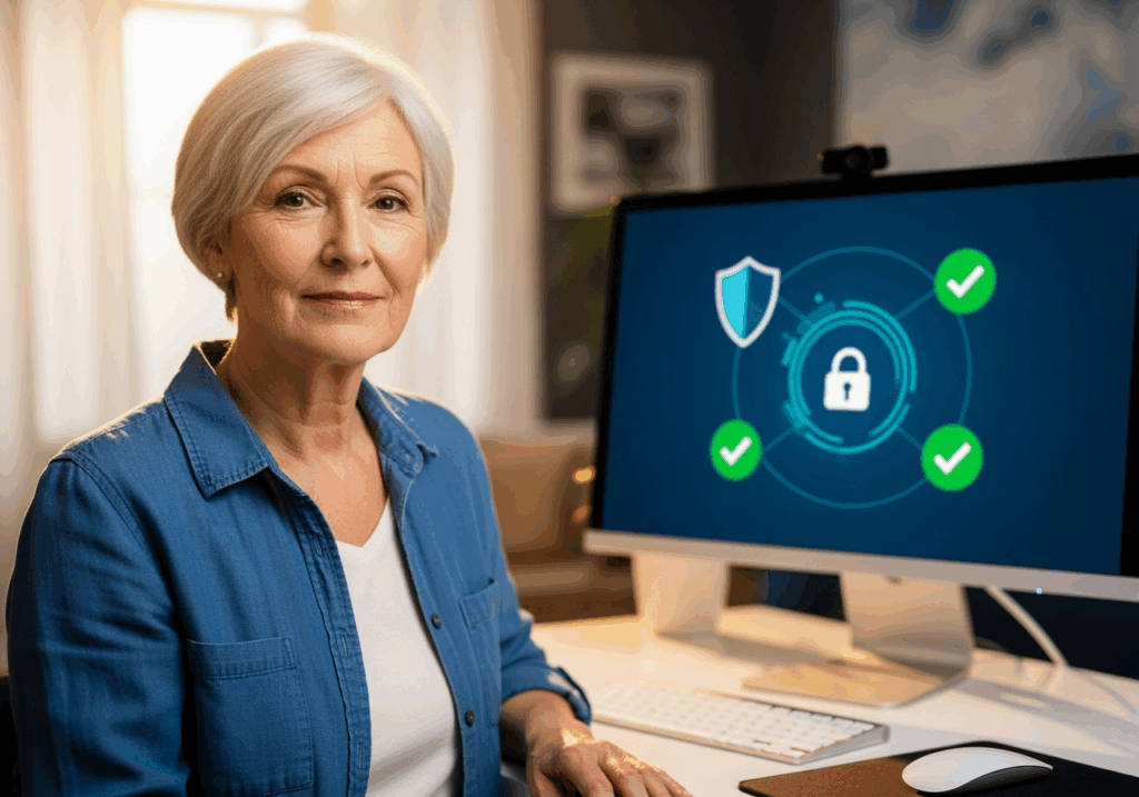 Senior using computer safely with scam protection