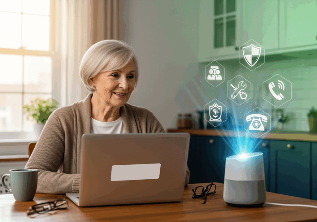 Senior woman using smart speaker to ask about computer problems while sitting at laptop