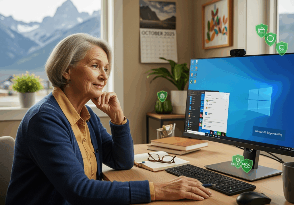 A woman looking at a computer monitor that display Windows 10.