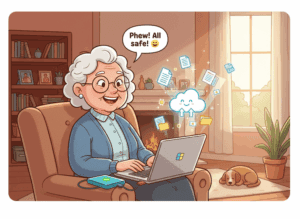 A client of Y-Not Tech Services enjoying peace of mind knowing her files are backed up safely.