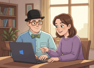 A cartoon Tony Whitney helps a client with a laptop repair in Lethbridge, AB