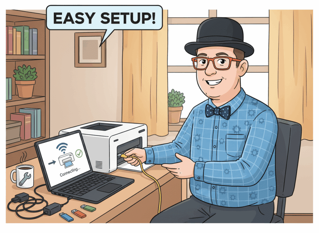 Tony from Y-Not Tech Services helping a client with a wireless printer setup in Lethbridge.