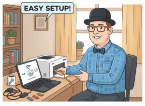 Tony from Y-Not Tech Services helping a client with a wireless printer setup in Lethbridge.