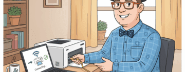 Tony from Y-Not Tech Services helping a client with a wireless printer setup in Lethbridge.