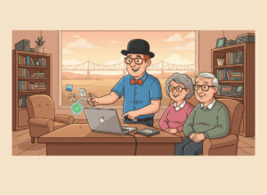 Y‑Not Tech Services technician helping clients back up data on a laptop in Lethbridge.