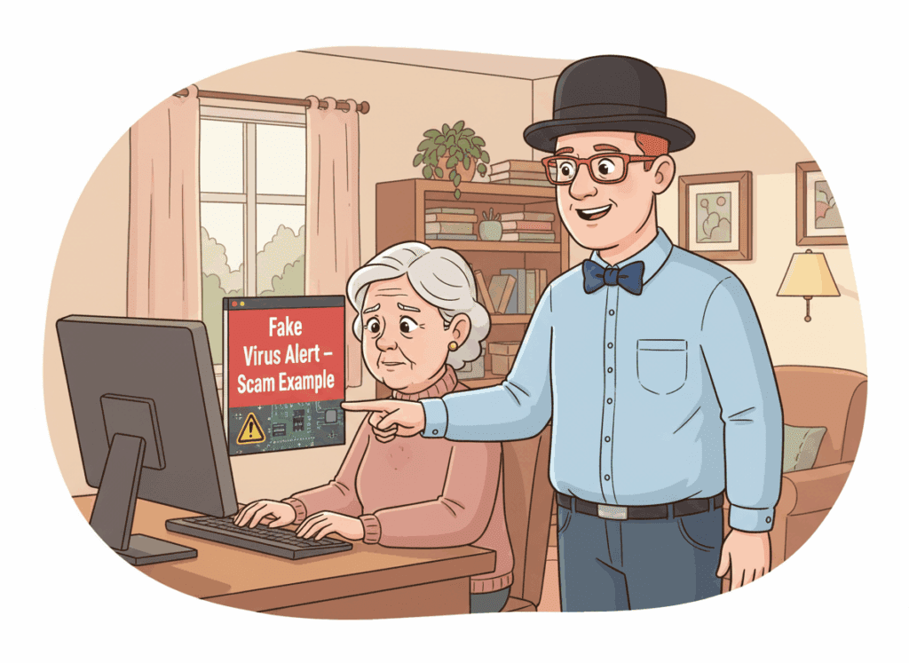 Fake virus pop-up scam warning on a home computer in Lethbridge