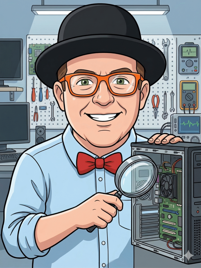 Lethbridge computer repair technician from Y-Not Tech Services, wearing a bowler hat and bowtie, diagnosing a computer to find out if it has a failing hard drive or hidden malware.