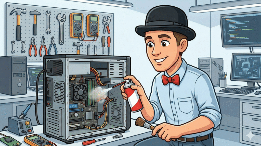 Lethbridge computer repair expert from Y-Not Tech Services, wearing his signature bowler hat and bowtie, physically cleaning a desktop computer to improve performance.