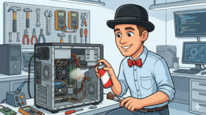 Lethbridge computer repair expert from Y-Not Tech Services, wearing his signature bowler hat and bowtie, physically cleaning a desktop computer to improve performance.
