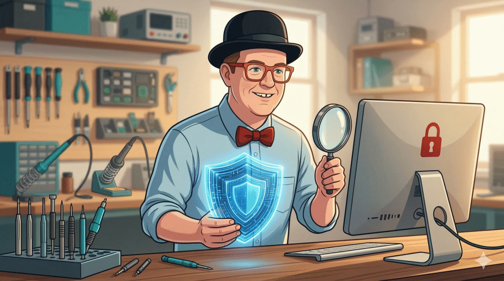 Lethbridge computer security expert from Y-Not Tech Services, wearing his signature bowler hat and bowtie, actively protecting a computer from online banking scams and malware.