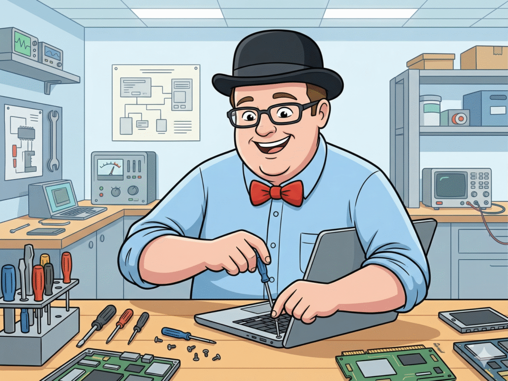 Lethbridge technician from Y-Not Tech Services, wearing his signature bowler hat, performing a delicate laptop hinge and screen repair on a workbench.