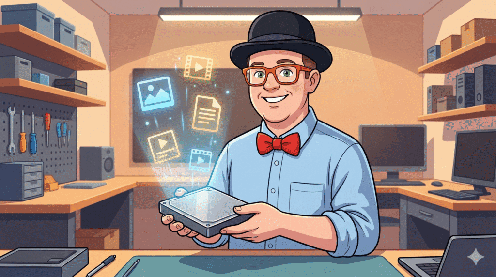 Illustration of Tony, the lead technician at Y-Not Tech Services in Lethbridge, wearing a bowler hat and bow tie, holding a hard drive with holographic data folders and photos floating out of it, representing successful local data recovery and file rescue.