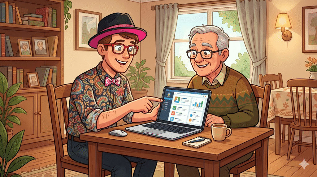 Illustration of Tony from Y-Not Tech Services, wearing his signature bowler hat and bowtie, providing friendly onsite computer repair and tech support to a senior citizen on a laptop in a comfortable Lethbridge home, offering a personalized alternative to national IT franchises.